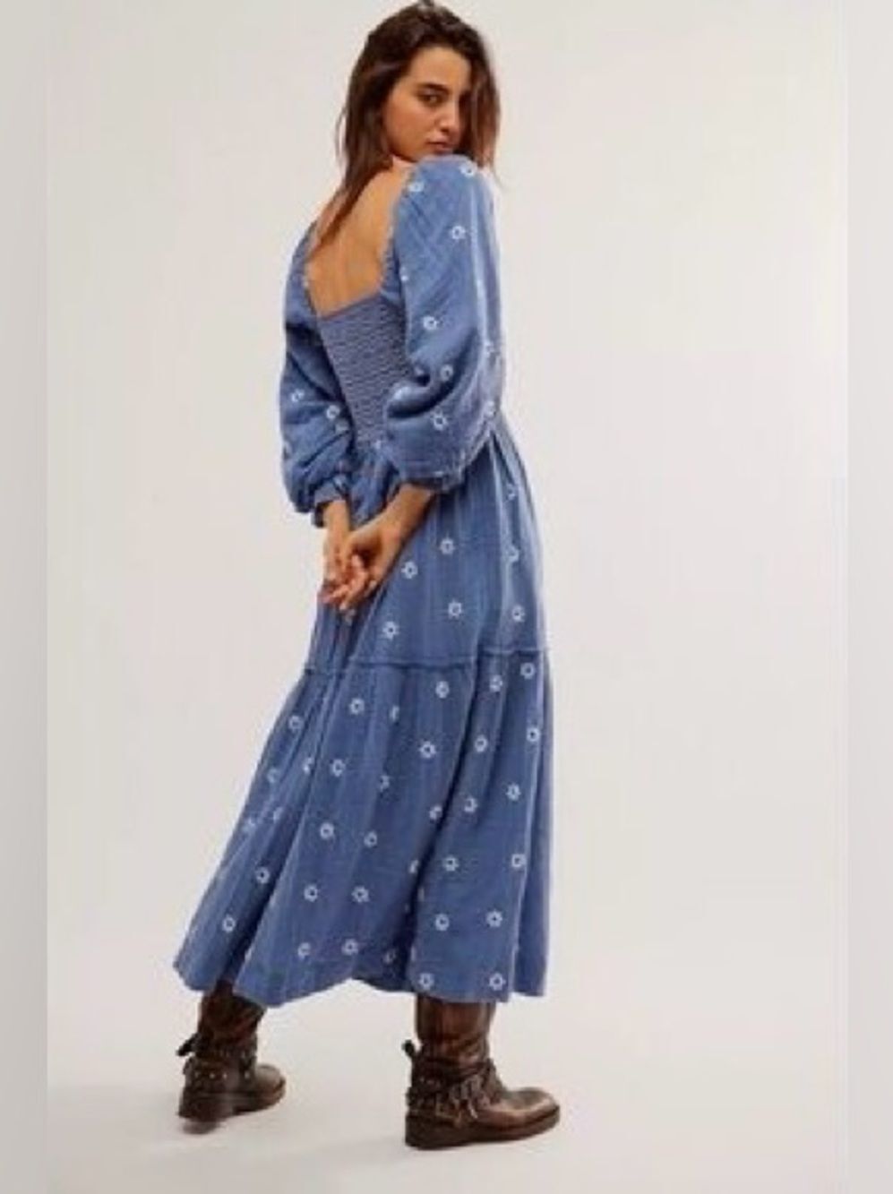 Aaron & Amber Free People Blue Cotton Gaze Smocked Puff-Sleeve Maxi Dress Sz M